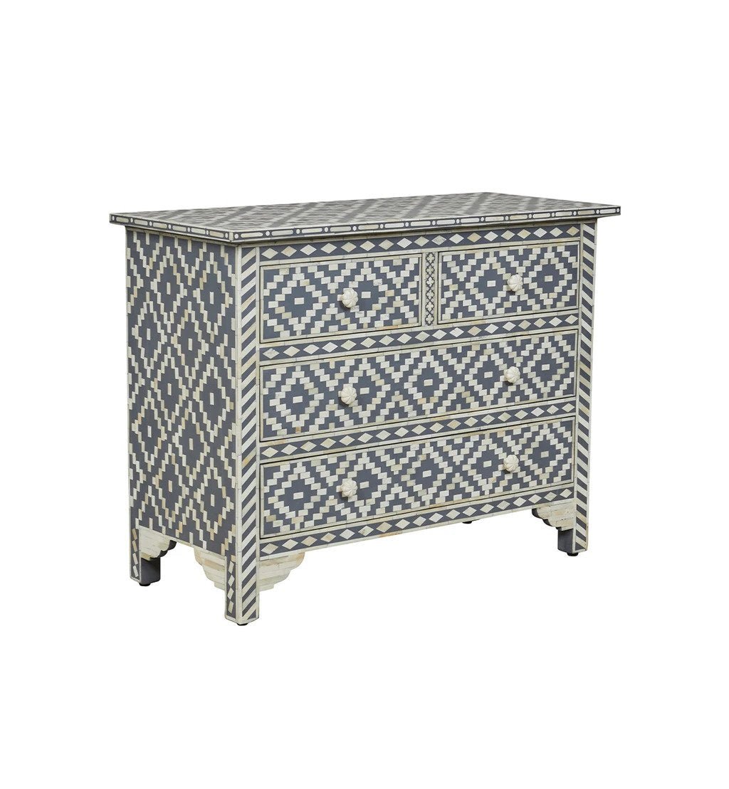 Bone Inlay 4 Drawer Dresser | Geometric Diamond Grey Color Storage Unit chest of drawer - Bone Inlay Furnitures