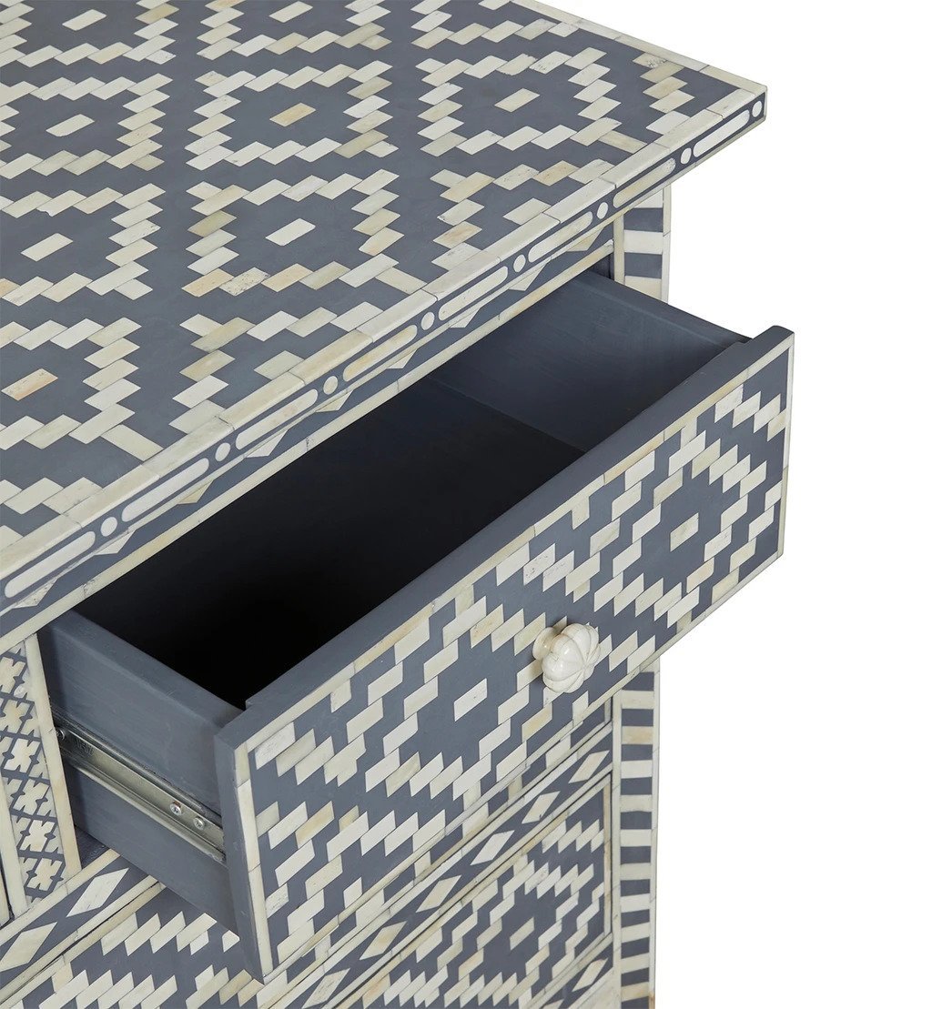 Bone Inlay 4 Drawer Dresser | Geometric Diamond Grey Color Storage Unit chest of drawer - Bone Inlay Furnitures