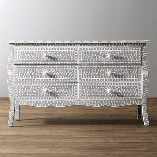 Bone Inlay 6 Drawer Colonial Dresser in Grey Color | Handmade Custom Storage Unit chest of drawer - Bone Inlay Furnitures