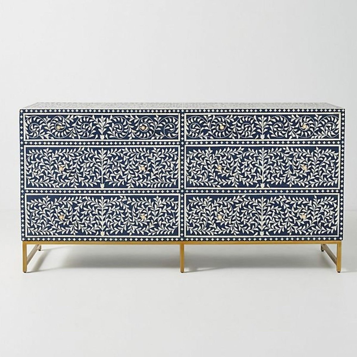 Bone Inlay 6 Drawers Dresser Blue & White Color | Handmade Living Storage Furniture chest of drawer - Bone Inlay Furnitures