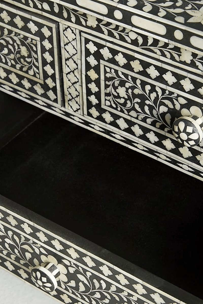 Bone Inlay 7 Drawers Floral Design Dresser In Black Color | Handmade Bone Inlay Chest of 7 Drawer Chest of Drawers - Bone Inlay Furnitures