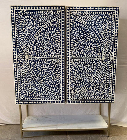 Bone Inlay Bar Cabinet in Blue & White Color | Handmade High End Cabinetry Furniture Bar Cabinet - Bone Inlay Furnitures