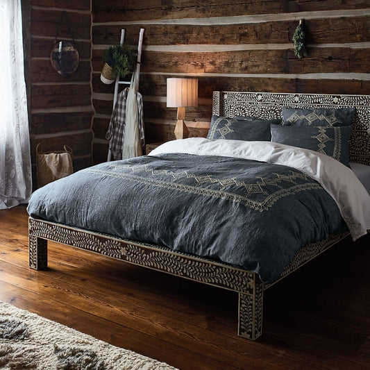 Handmade Luxury Bone Inlay Platform Bed with Headboard crafted from mango wood, featuring intricate hand-laid floral-vine bone inlay patterns across the headboard and platform frame for a luxurious bedroom statement.