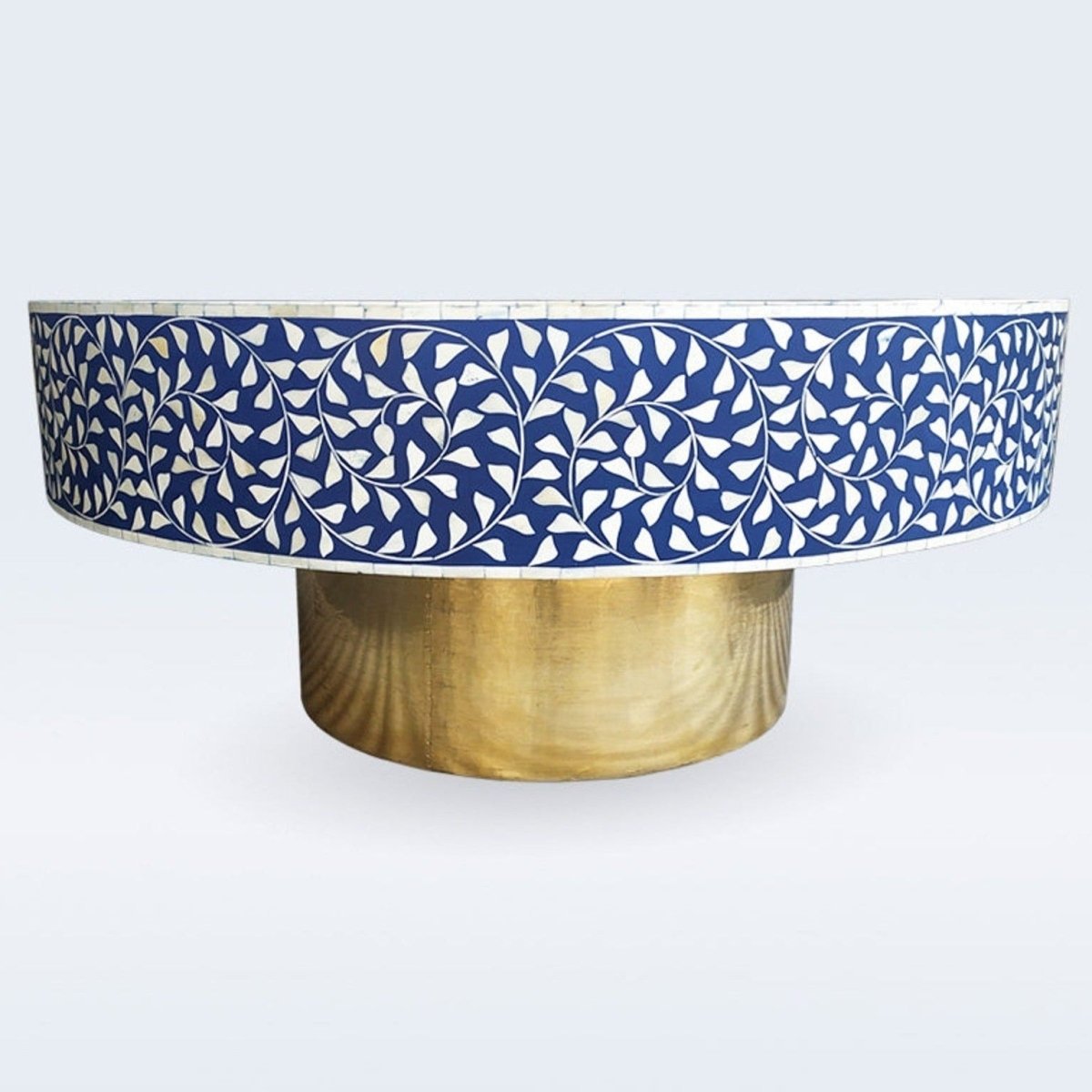Bone Inlay Bohemian Round Coffee Table Blue Color | Handmade Custom Blue Conversation Table Coffee Table - Bone Inlay Furnitures