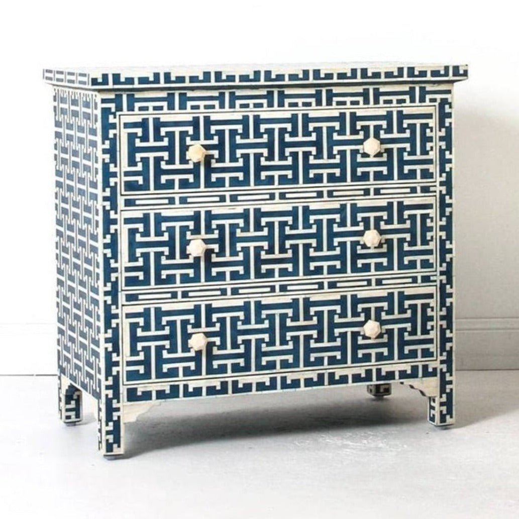 Bone Inlay Chest of 3 Drawers Blue Color | Bedroom 3 Drawers Dresser chest of drawer - Bone Inlay Furnitures
