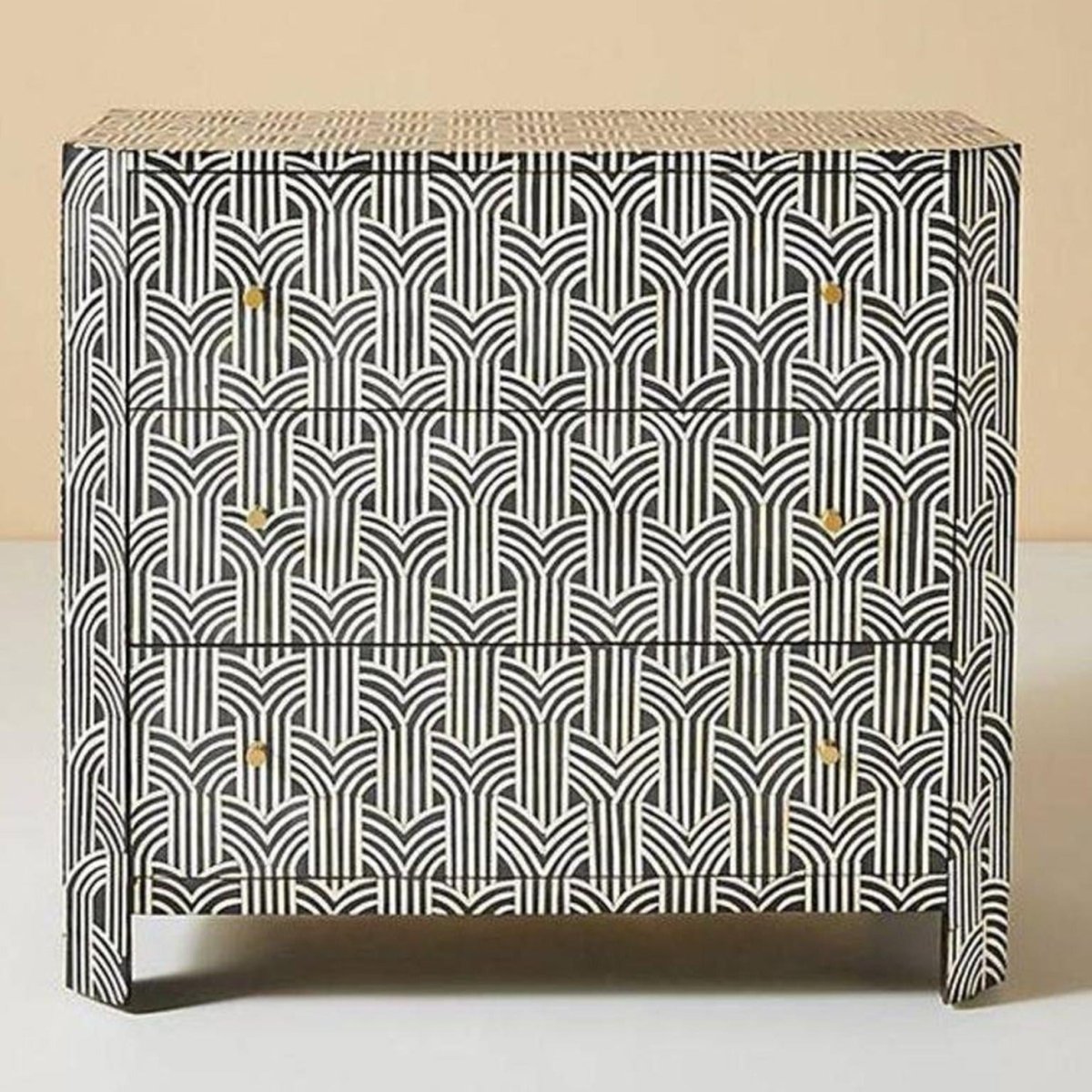 Bone Inlay Chest of 3 Drawers in Black Color | Handmade Chevron patterned 3 Drawers Dresser chest of drawer - Bone Inlay Furnitures