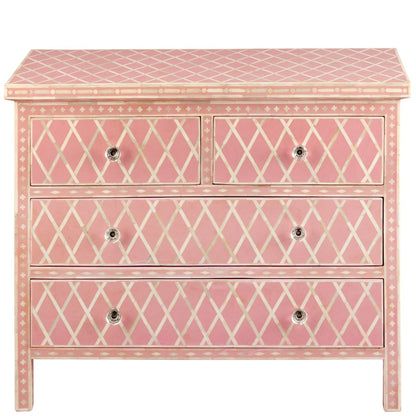 Bone Inlay Chest of 4 Drawers Diamond Design in Pink Color | Handmade Indian Dresser chest of drawer - Bone Inlay Furnitures