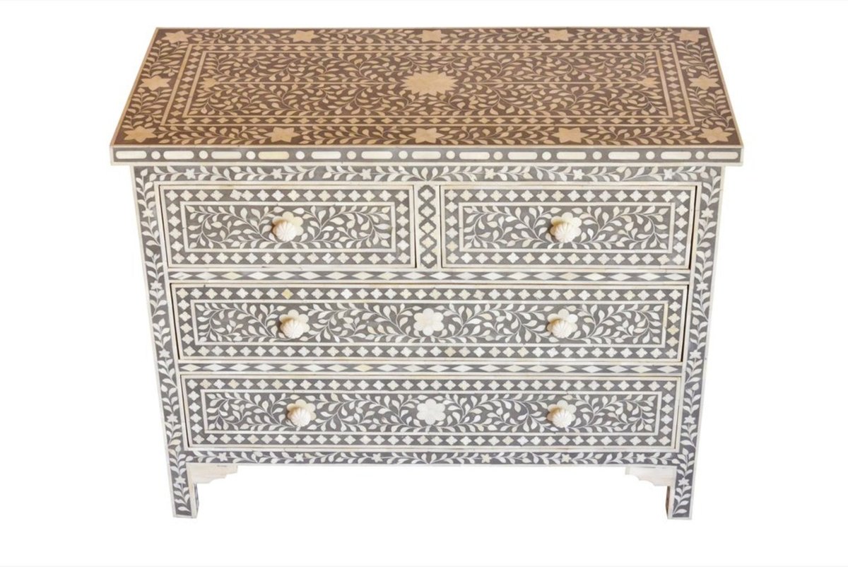 Bone Inlay Chest of 4 Drawers Floral Design in Grey Color | Handmade Indian Dresser Chest of Drawers - Bone Inlay Furnitures
