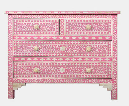 Bone Inlay Chest of 4 Drawers Floral Design in Pink Color | handmade Bedroom Dressser chest of drawer - Bone Inlay Furnitures