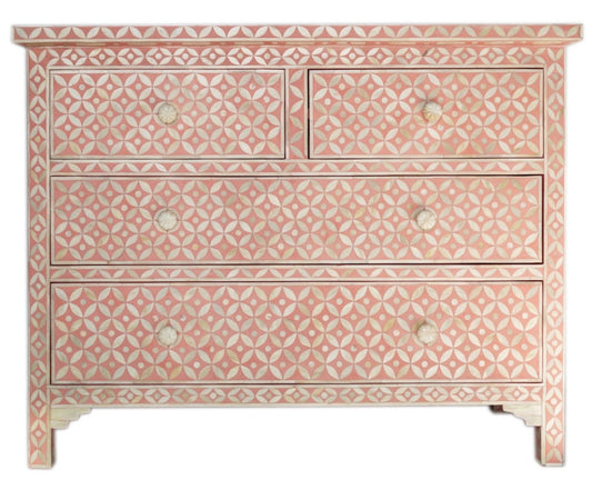 Bone Inlay Chest of 4 Drawers Geometric Design in Pink Color | Handmade Bedroom Storage Unit chest of drawer - Bone Inlay Furnitures