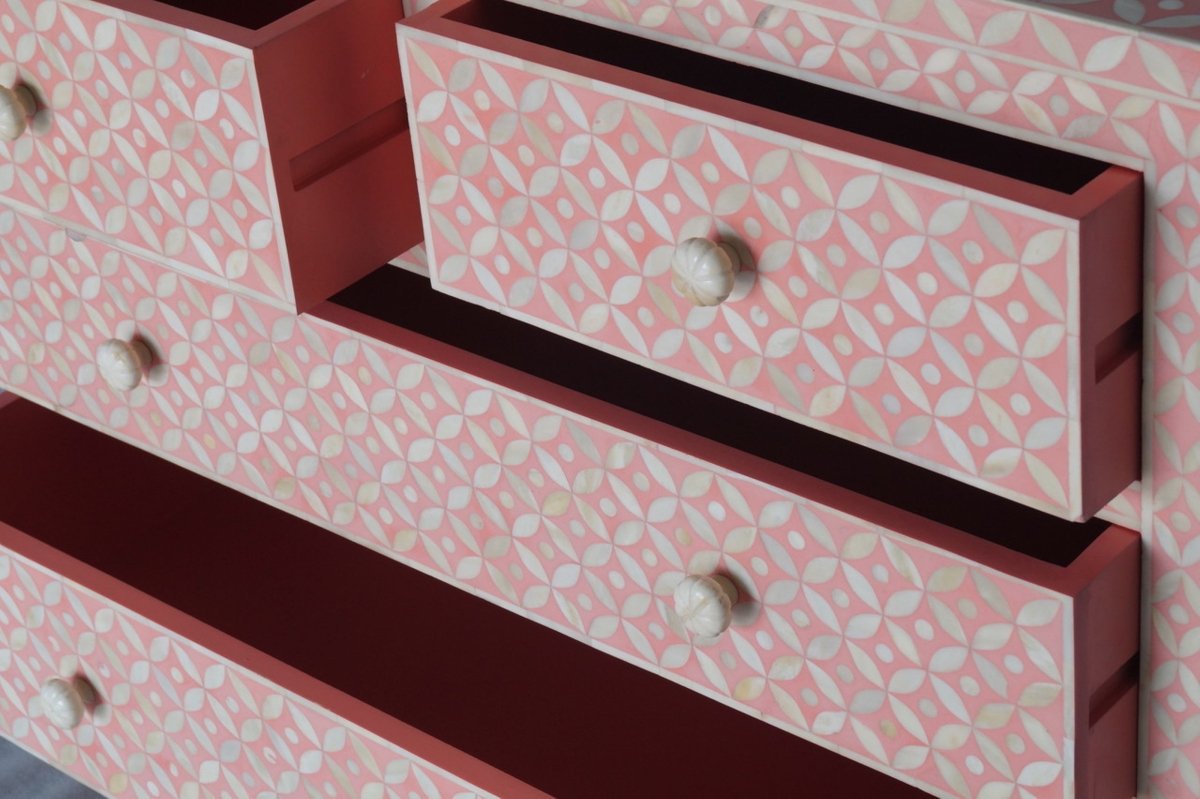 Handmade Bone Inlay Chest of 4 Drawer Geometric Design in Pink Color ...