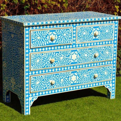 Bone inlay Chest Of 4 Drawers in Blue Color | Handmade Dresser chest of drawer - Bone Inlay Furnitures