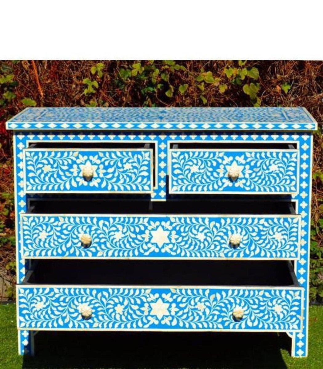 Bone inlay Chest Of 4 Drawers in Blue Color | Handmade Dresser chest of drawer - Bone Inlay Furnitures