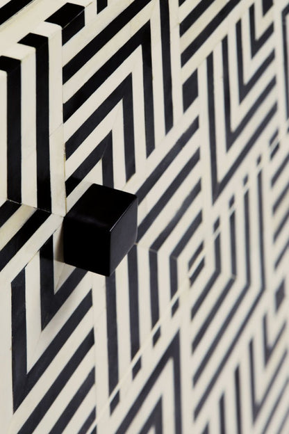 Bone inlay mosaic dresser black square drawer pull with geometric black and white inlay pattern craftsmanship detail
