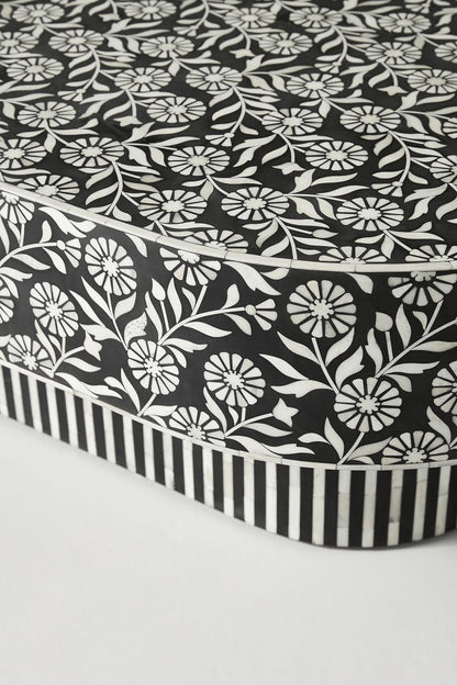 Bone Inlay Coffee Table with Floral Design in Black & White | Handmade Center Table Coffee Table - Bone Inlay Furnitures