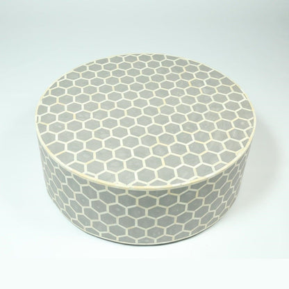 Bone Inlay Concrete Honeycomb Design Coffee Table in Grey Color | Handmade Custom Round Center Table Coffee Table - Bone Inlay Furnitures