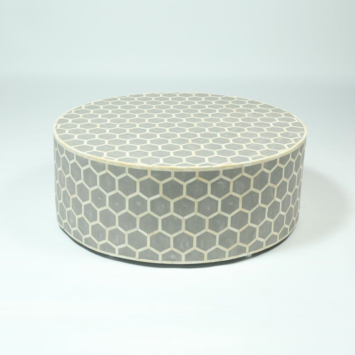 Bone Inlay Concrete Honeycomb Design Coffee Table in Grey Color | Handmade Custom Round Center Table Coffee Table - Bone Inlay Furnitures