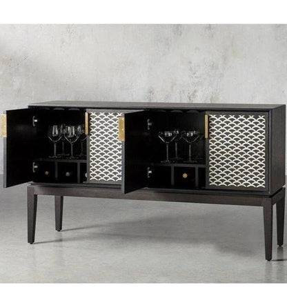 Bone Inlay Fish Scale Pattern Bar cabinet | Handmade Inlay Storage Unit in Black Color Bar Cabinet - Bone Inlay Furnitures