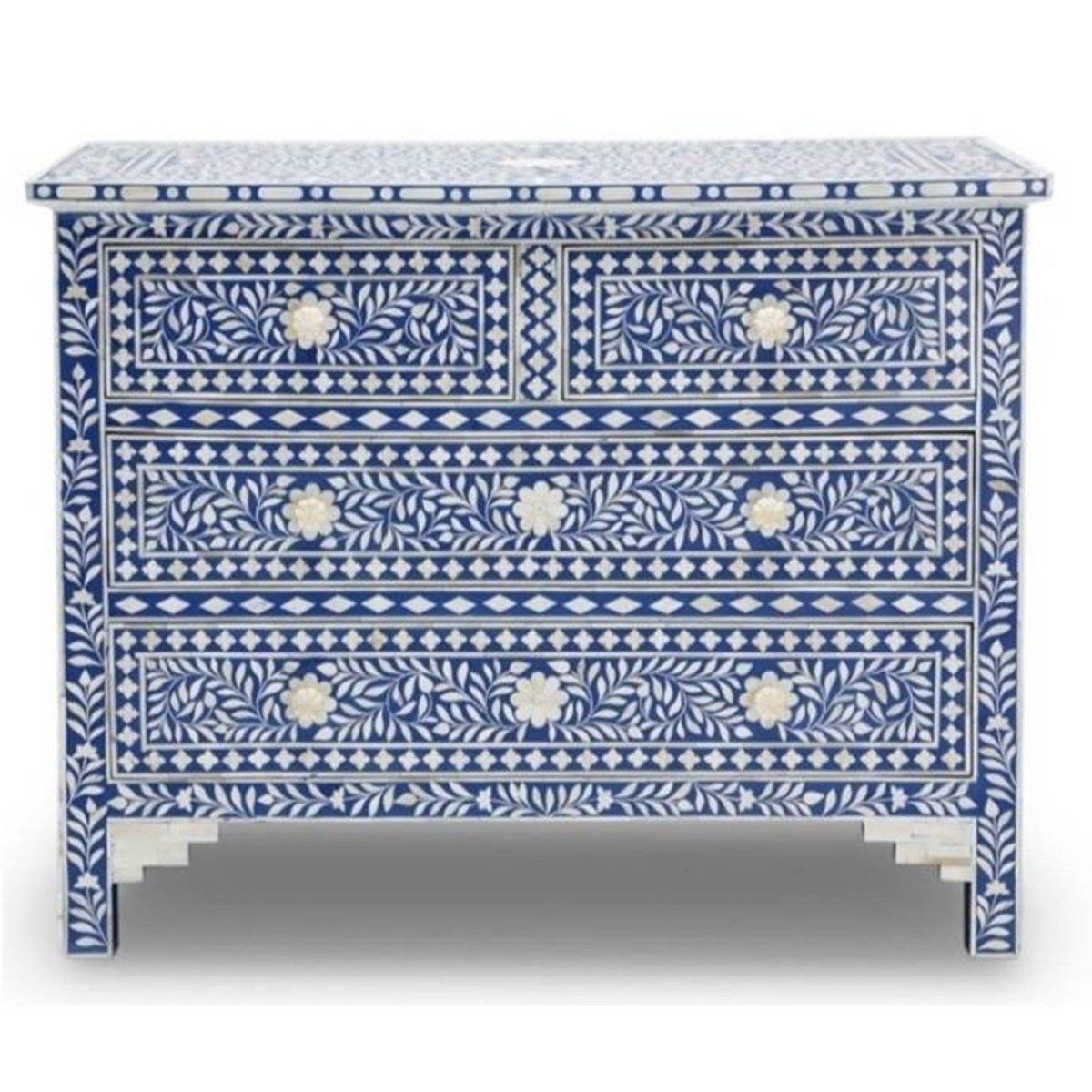 Bone Inlay Floral Chest Of 4 Drawer Blue Color