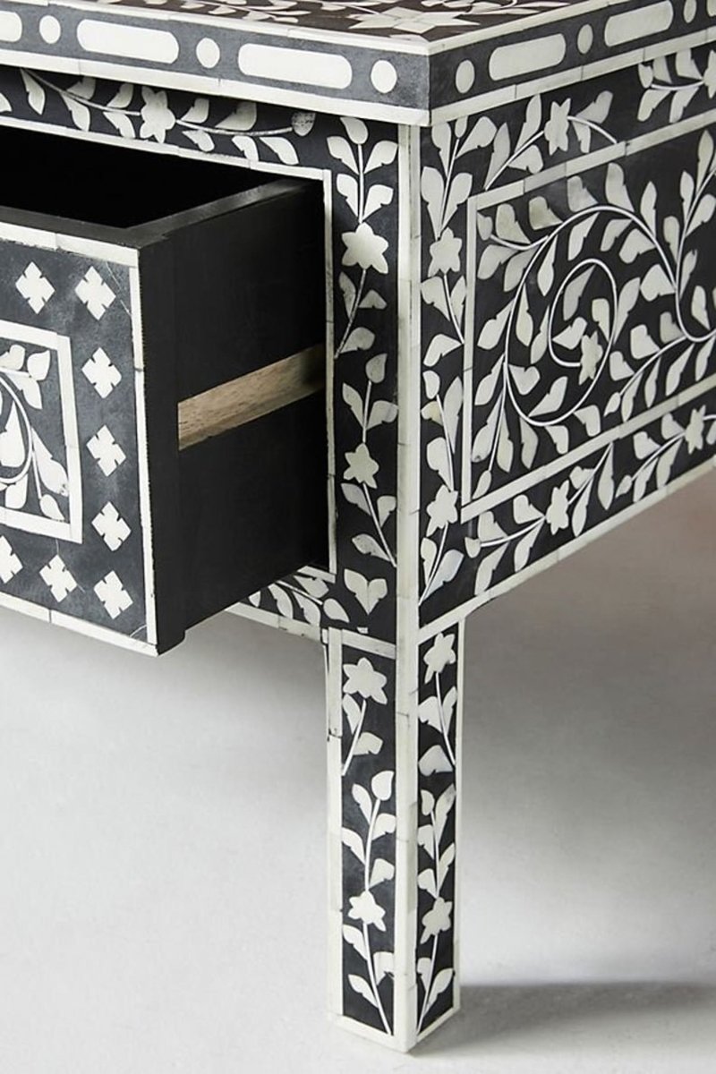 Bone Inlay Floral Design 2 Drawers Small Coffee Table | Handmade Center Table in Black Color Center Table - Bone Inlay Furnitures