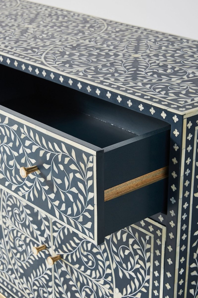 Bone Inlay Floral design Buffet table with 4 Doors and 2 Drawers in Blue Color | Handmade Custom Made Storage Unit Buffet & Sideboard - Bone Inlay Furnitures
