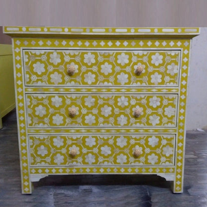 Bone Inlay Floral Design 3 Drawer Mustard Color Chest