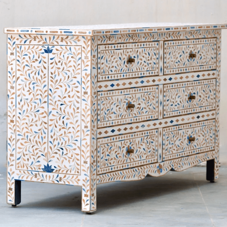 Bone Inlay Floral Design  Chest of Drawers 