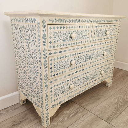 Bone Inlay Floral White with Blue design Chest of 4 Drawers