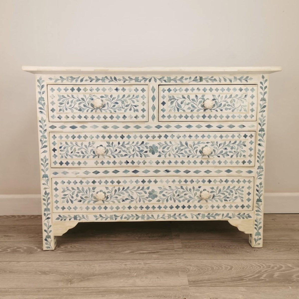 White with Blue dyed Bone chest of four drawers