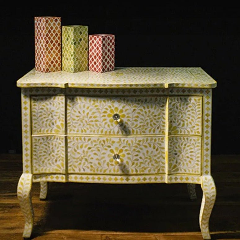 Bone Inlay 2 Drawers French Floral Design Console Table in Yellow color