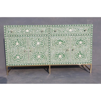 Bone Inlay Green and White Floral Sideboard 
