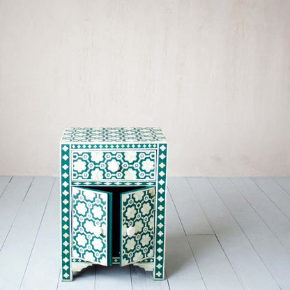 Bone Inlay Green Color Floral Bedside | Handmade Nightstand with 1 Drawer and 1 Cabinet Nightstand - Bone Inlay Furnitures