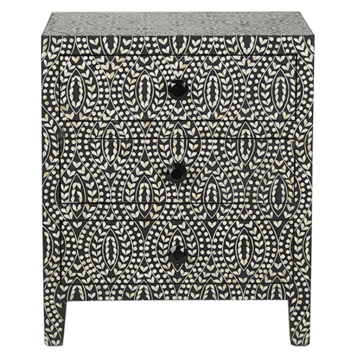 Bone Inlay 3 Drawers Motif Design Bedside Table in Black Color