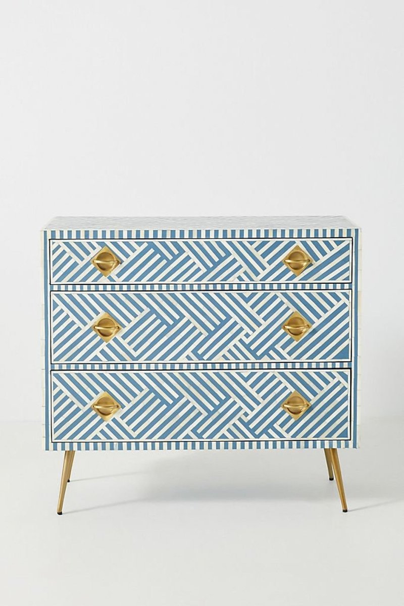Bone Inlay Optical 3 Drawers Dresser Sky Blue and White Color
