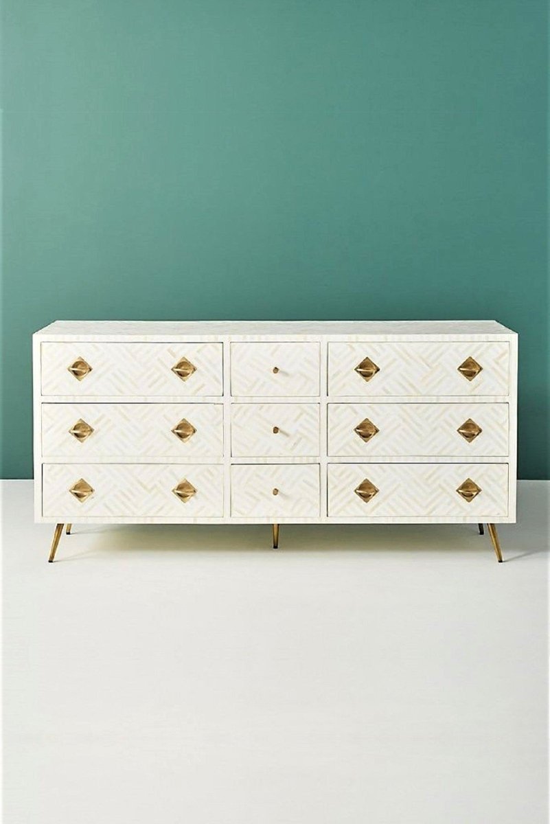 Bone inlay Optical Chest of 9 Drawers in White Color