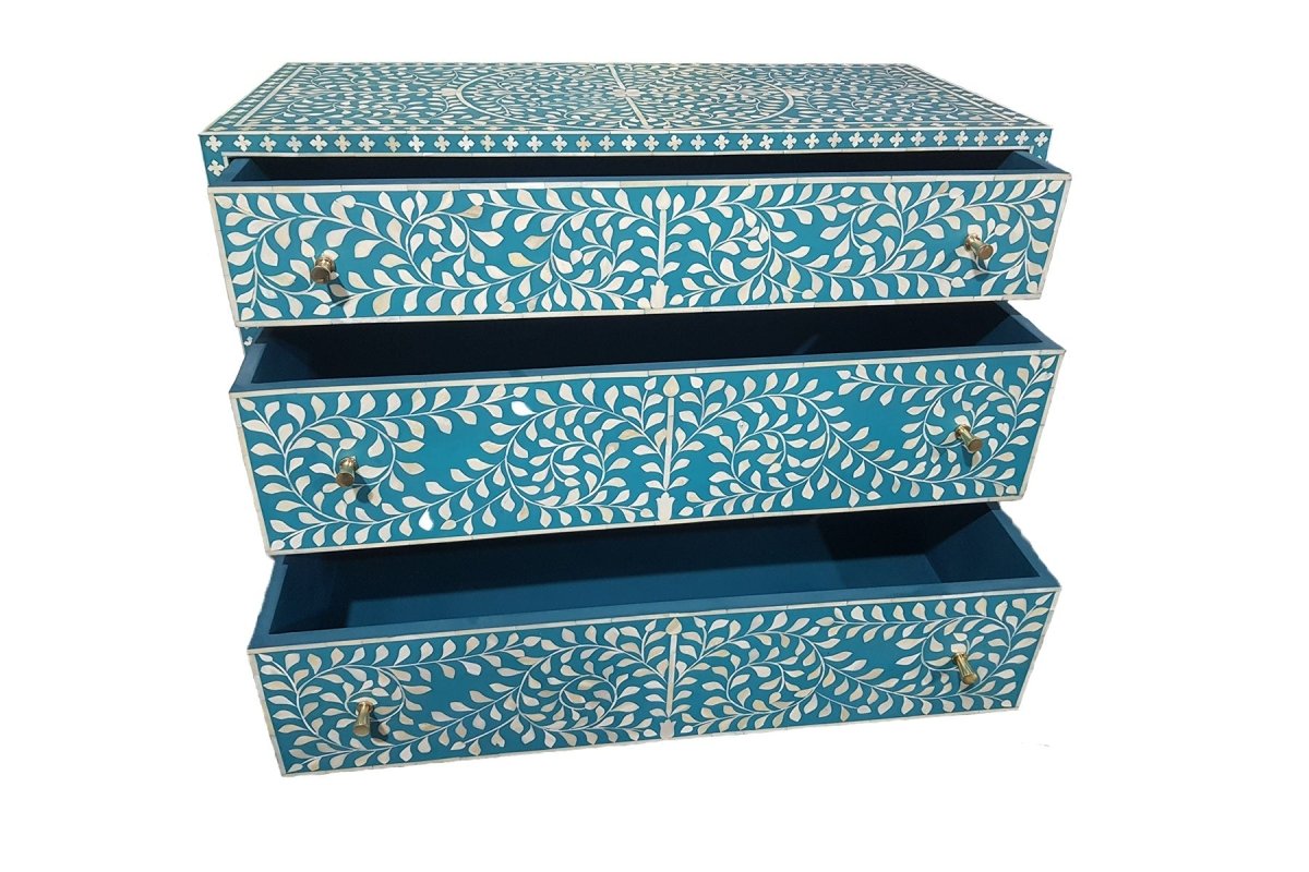 Bone Inlay Scroll vine 3 Drawers Chest Teal Green Color