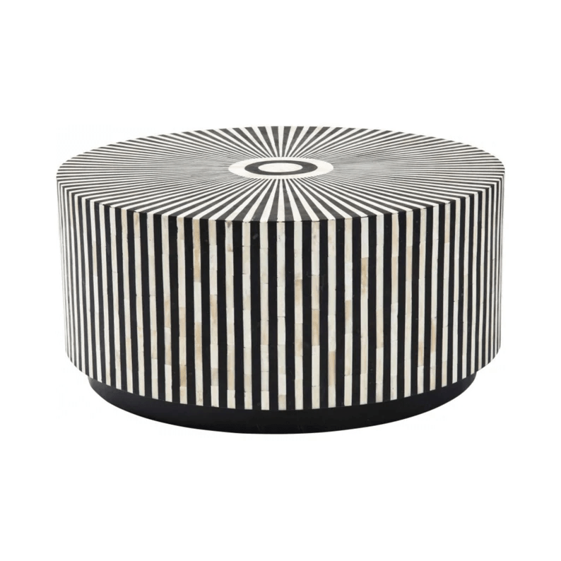 Black and white striped bone inlay coffee table showing its round top and vertical drum sides in a full product view.