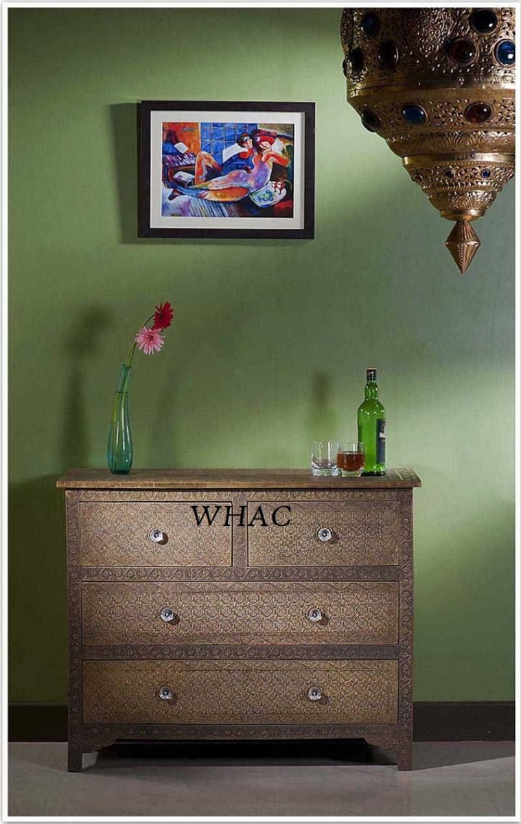 Embossed Brass Metal Chest of 4 Drawers