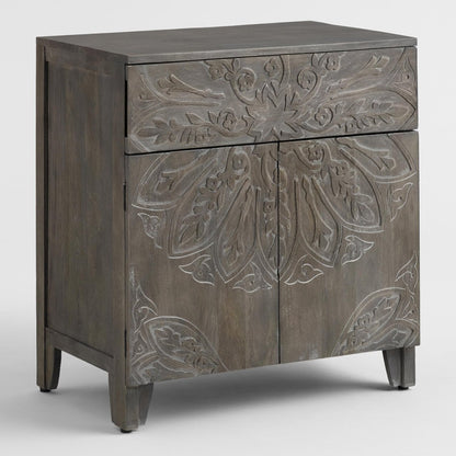 Floral Medallion Carved Tara Cabinet | Handmade Grey Color Wooden Small Sideboard Cabinet - Bone Inlay Furnitures
