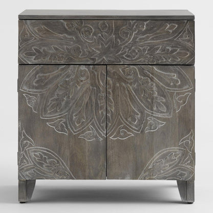 Floral Medallion Carved Tara Cabinet | Handmade Grey Color Wooden Small Sideboard Cabinet - Bone Inlay Furnitures