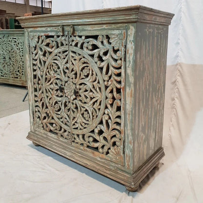 French Hand Carved Cabinet | Handmade Wooden Rustic Small Sideboard Cabinet - Bone Inlay Furnitures