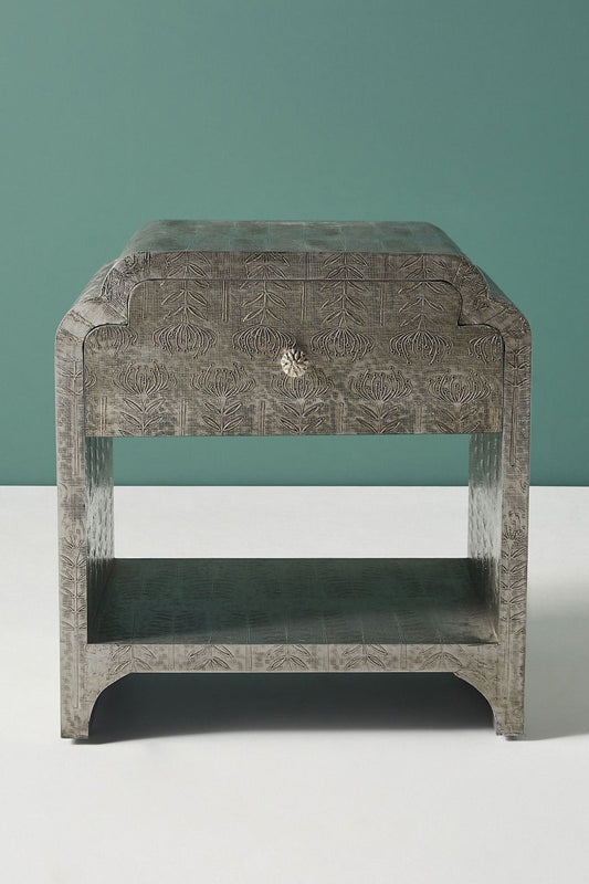 Hand Brass Silver Metal Bedside | Hand-Embossed Lotus Nightstand | Indian Furniture Nightstand - Bone Inlay Furnitures