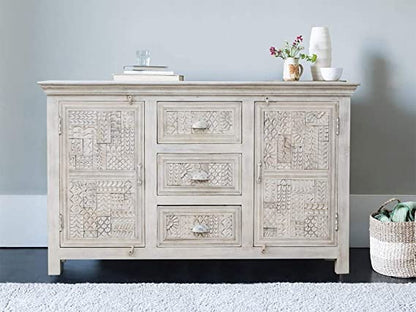 Artisan heritage Indian hand carved solid wood sideboard cabinet in white wash finish with traditional carved design