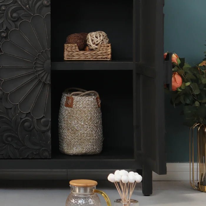 Hand Carved Black Color Small Sideboard | Handmade Wooden Cabinet Cabinet - Bone Inlay Furnitures