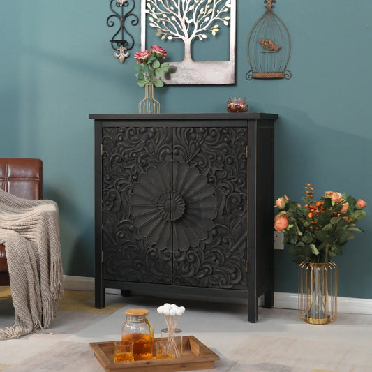 Hand Carved Black Color Small Sideboard | Handmade Wooden Cabinet Cabinet - Bone Inlay Furnitures