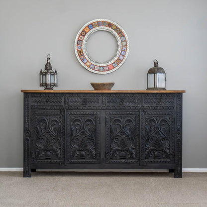 Hand Carved Bohemian Sideboard in Black | Handmade Wooden Charcoal Buffet buffet - Bone Inlay Furnitures