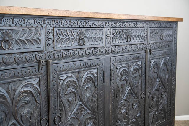 Hand Carved Bohemian Sideboard in Black | Handmade Wooden Charcoal Buffet buffet - Bone Inlay Furnitures