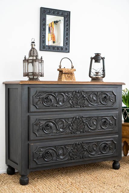 Hand Carved Boho Charcoal Drawers Dresser | Handmade Drawers For Living Room chest of drawer - Bone Inlay Furnitures