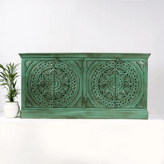 Hand Carved Dark Green Sideboard | Handmade Wooden Buffet Table | Indian Furniture Buffet & Sideboard - Bone Inlay Furnitures