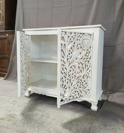 Hand-carved Floral Designer Cabinet With 2 Door in White Color | Handmade Solid Wooden Cabinet Cabinet - Bone Inlay Furnitures